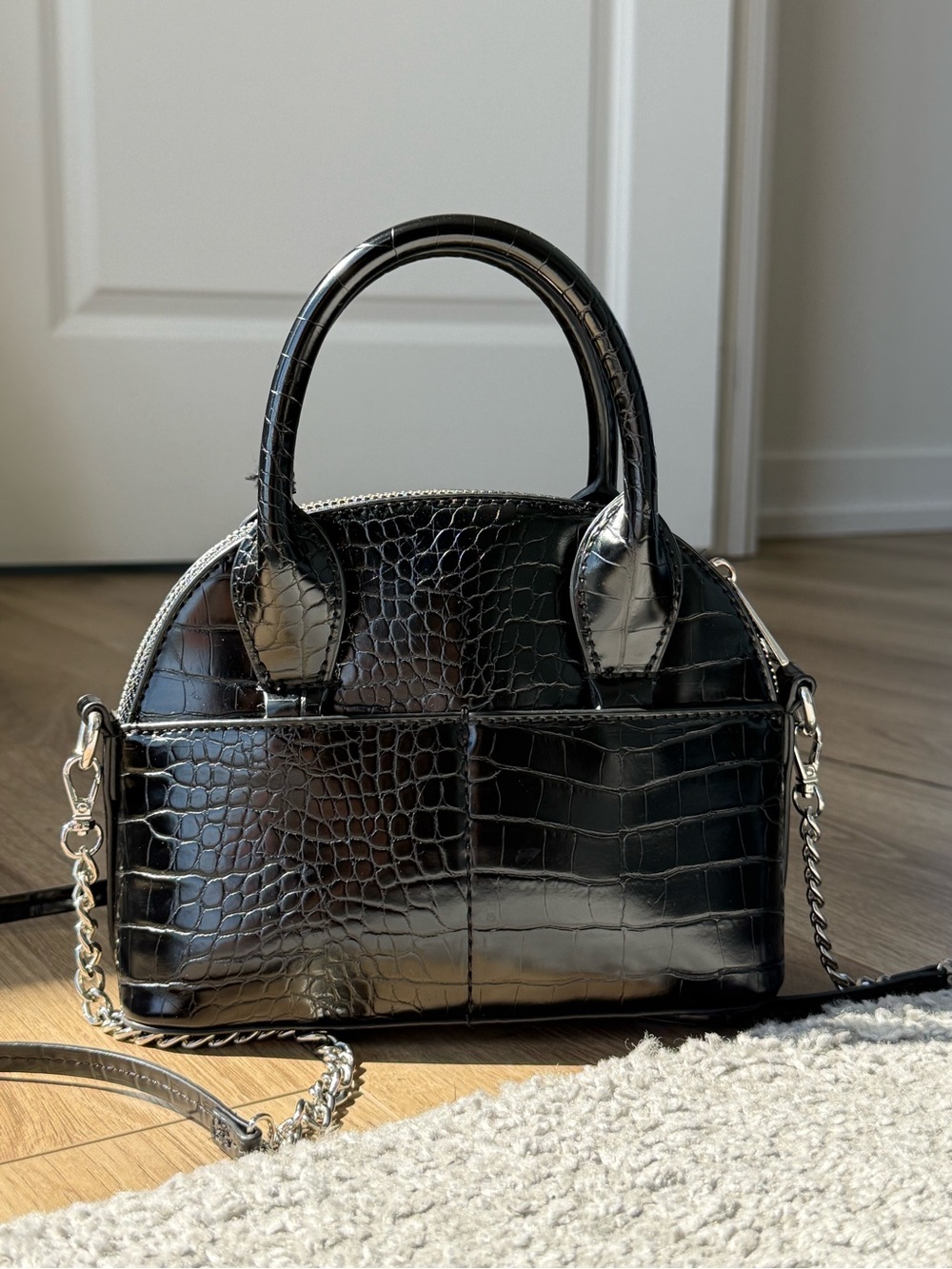 Zara Black Croc-Embossed Mini Dome Bag with Chain Strap